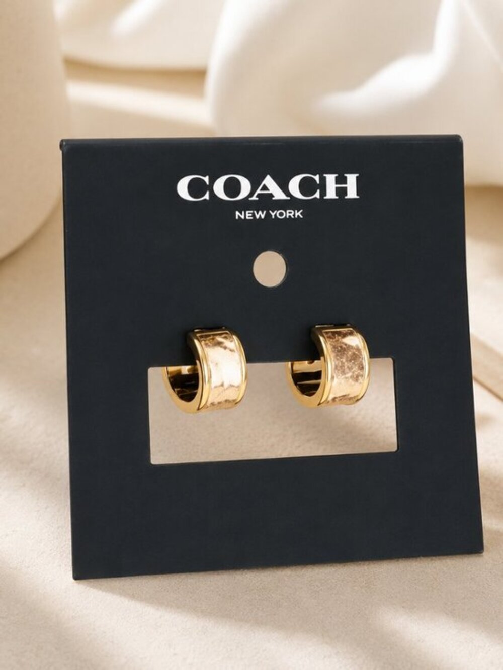 Coach Signature C Gold-Tone Hoop Earrings Leather Inlay NWT
